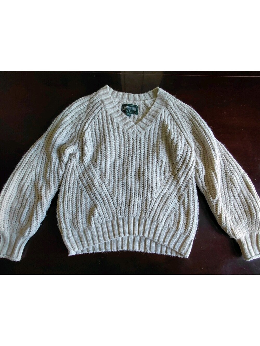 American Eagle Cable Knit Sweater Womens XS Oversized Beige V Neck Chunky